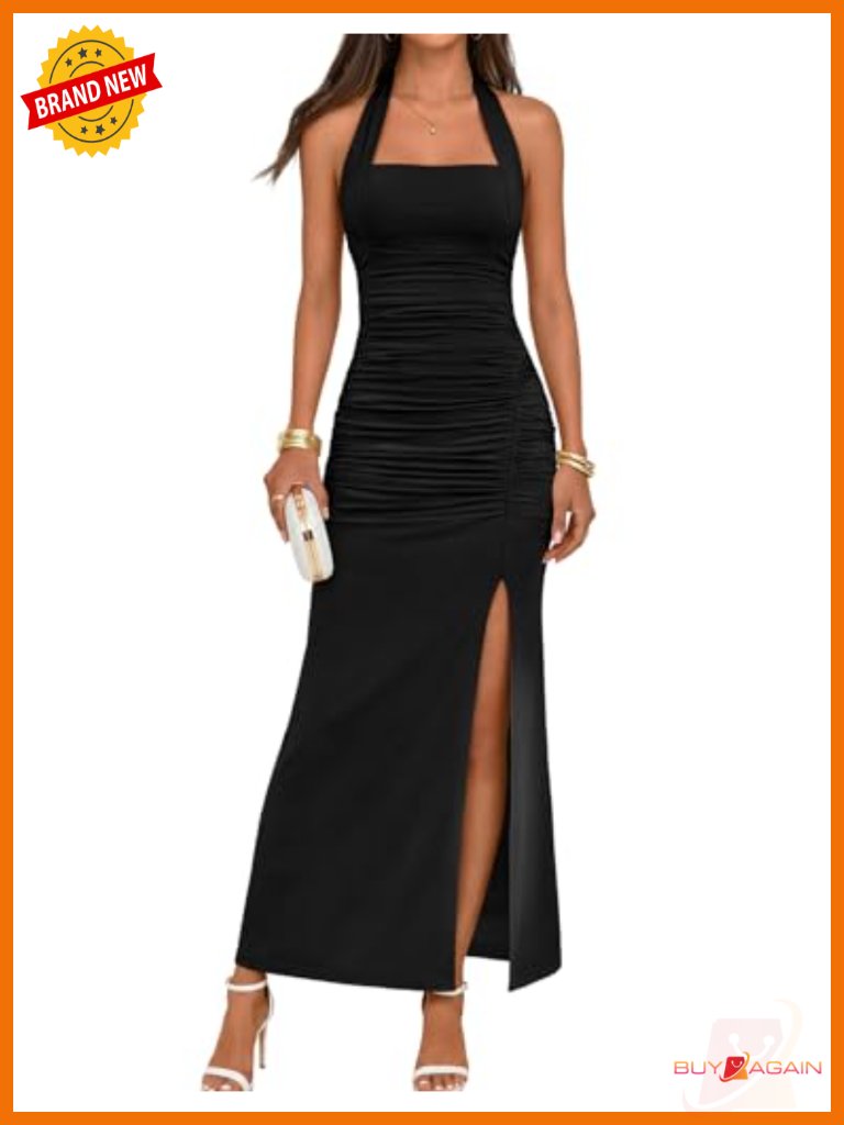 Women's Wedding Guest Formal Maxi Dress Sleeveless Halter Backless Slit Ruched